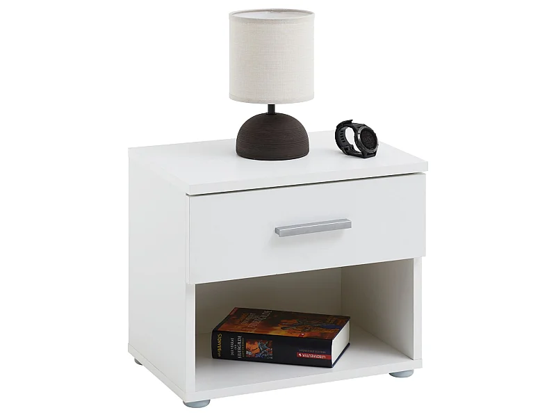 Table de chevet MAEL, table de nuit casier avec 1 tiroir et 1 niche, en mélaminé blanc mat