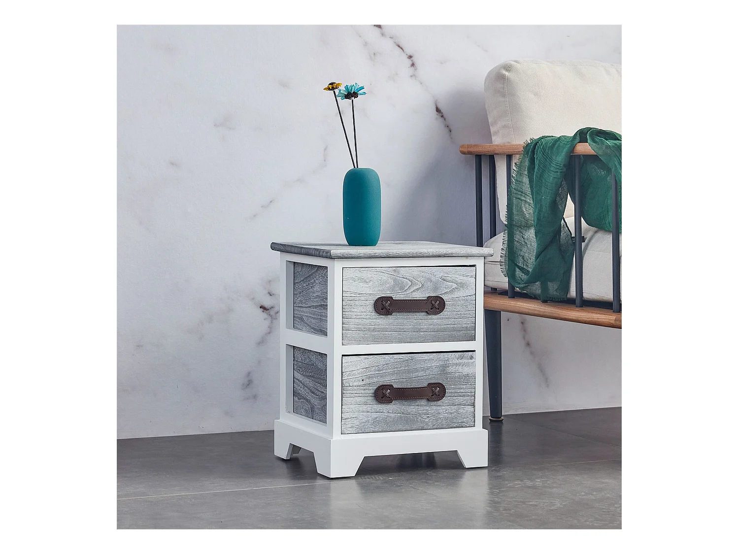 Table de chevet SALERNO table de nuit 2 tiroirs en bois de paulownia style shabby chic vintage vieilli gris blanc