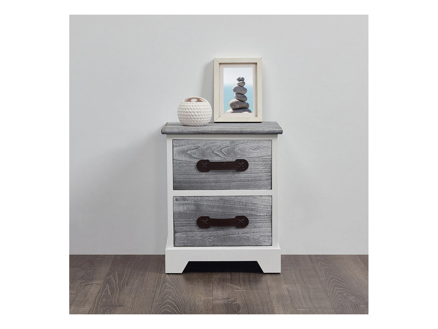 Table de chevet SALERNO table de nuit 2 tiroirs en bois de paulownia style shabby chic vintage vieilli gris blanc