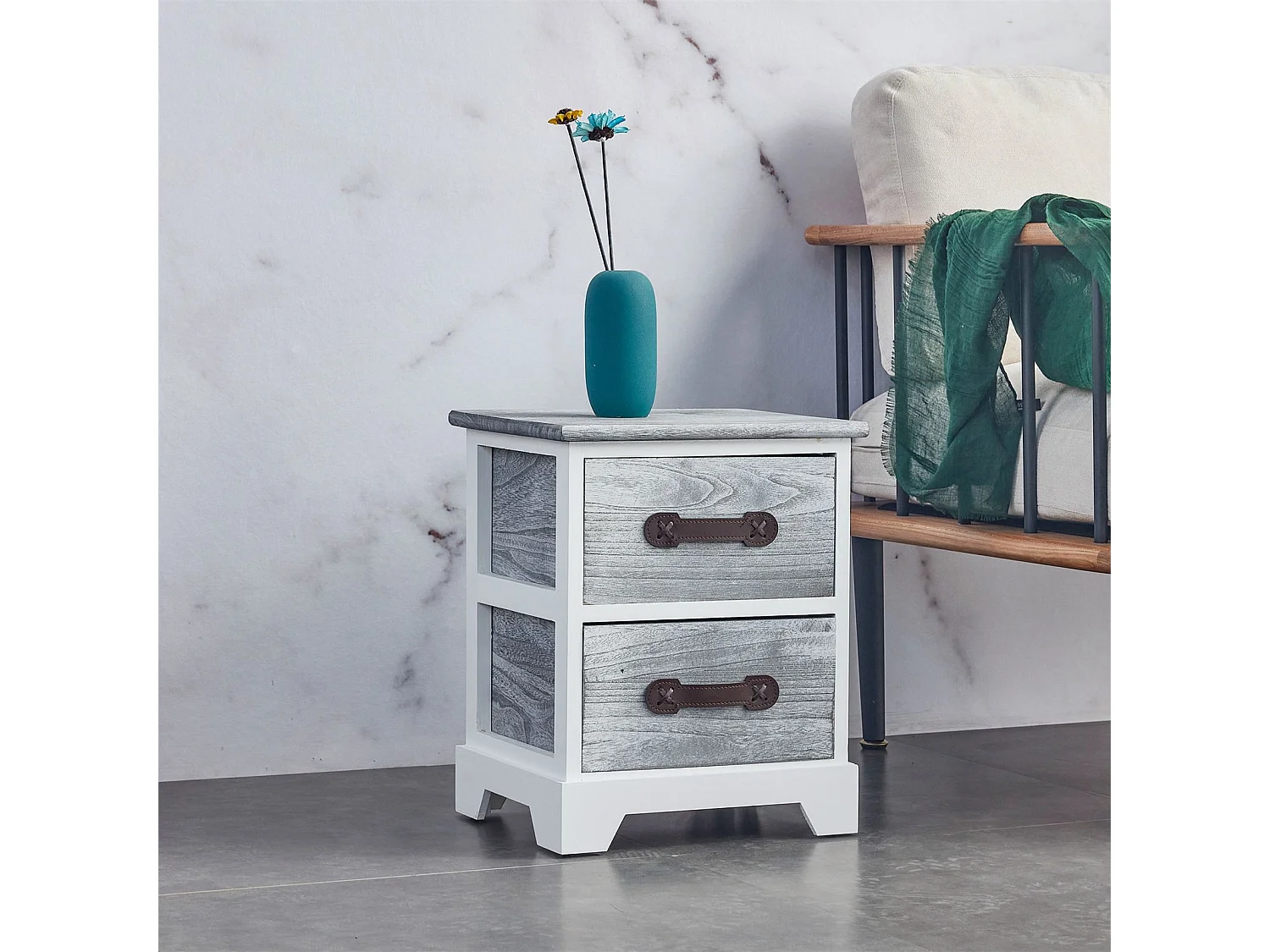 Table de chevet SALERNO table de nuit 2 tiroirs en bois de paulownia style shabby chic vintage vieilli gris blanc