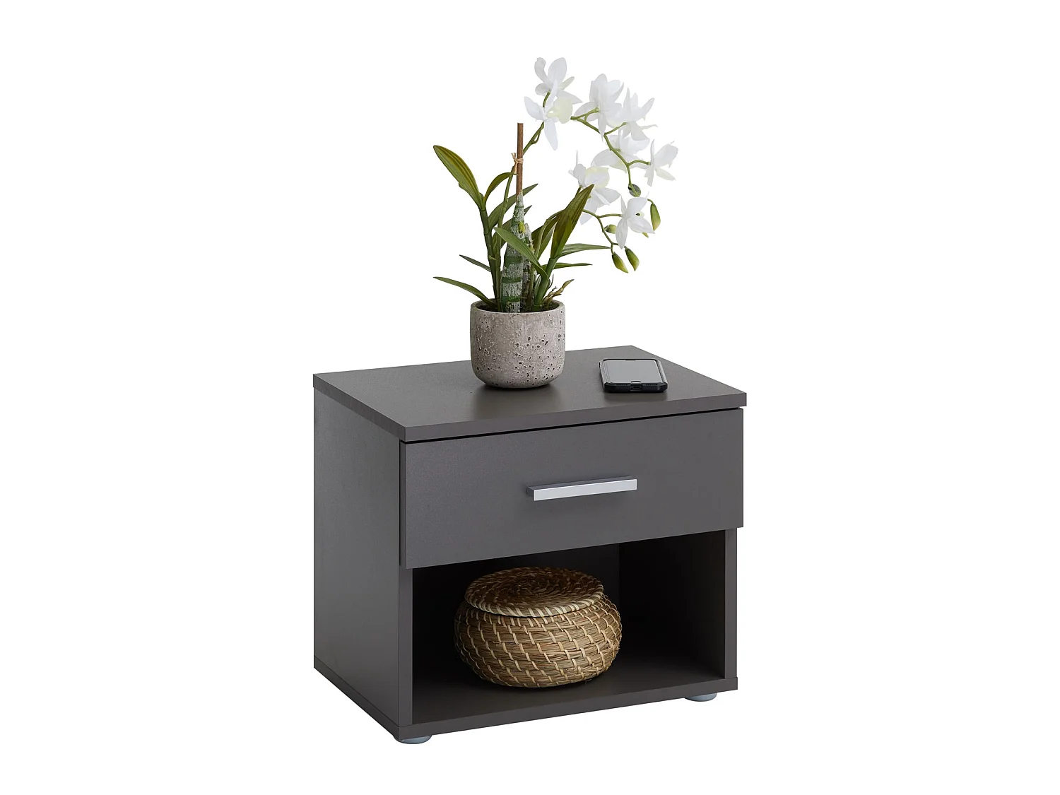 Table de chevet MAEL, table de nuit casier avec 1 tiroir et 1 niche, en mélaminé gris mat