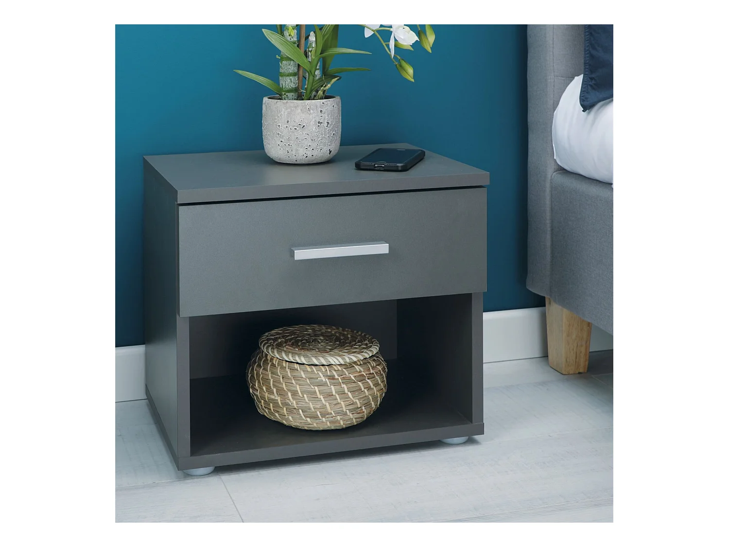 Table de chevet MAEL, table de nuit casier avec 1 tiroir et 1 niche, en mélaminé gris mat