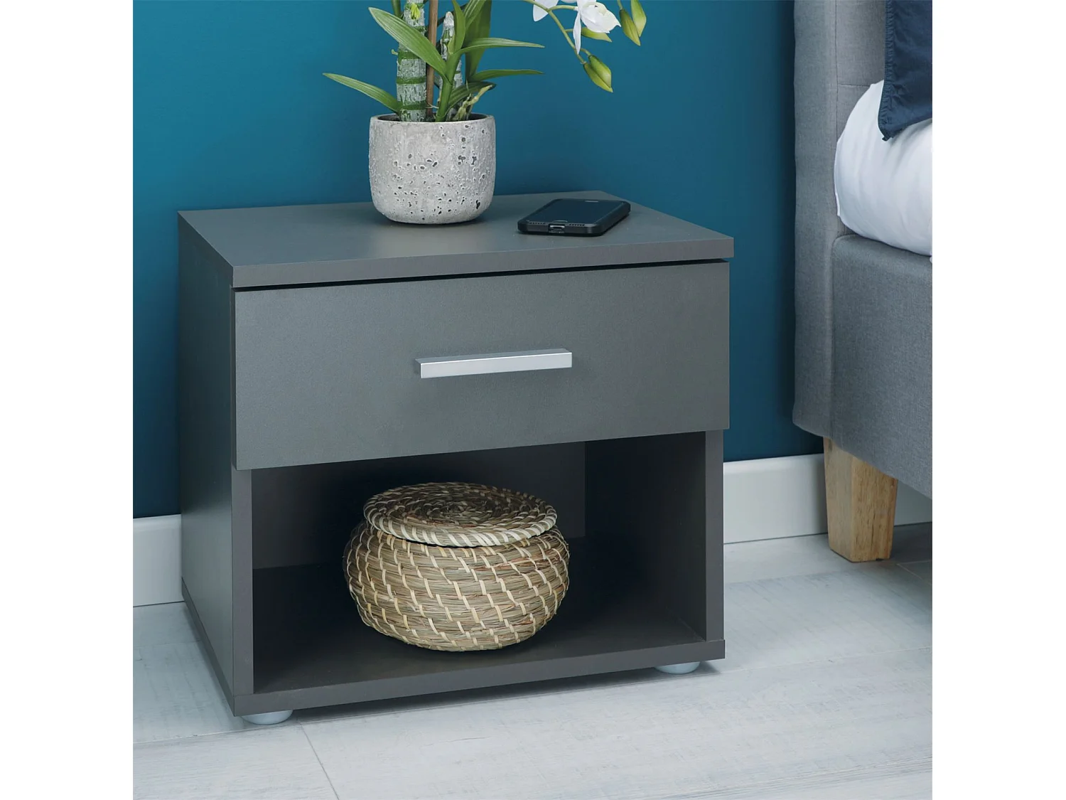 Table de chevet MAEL, table de nuit casier avec 1 tiroir et 1 niche, en mélaminé gris mat