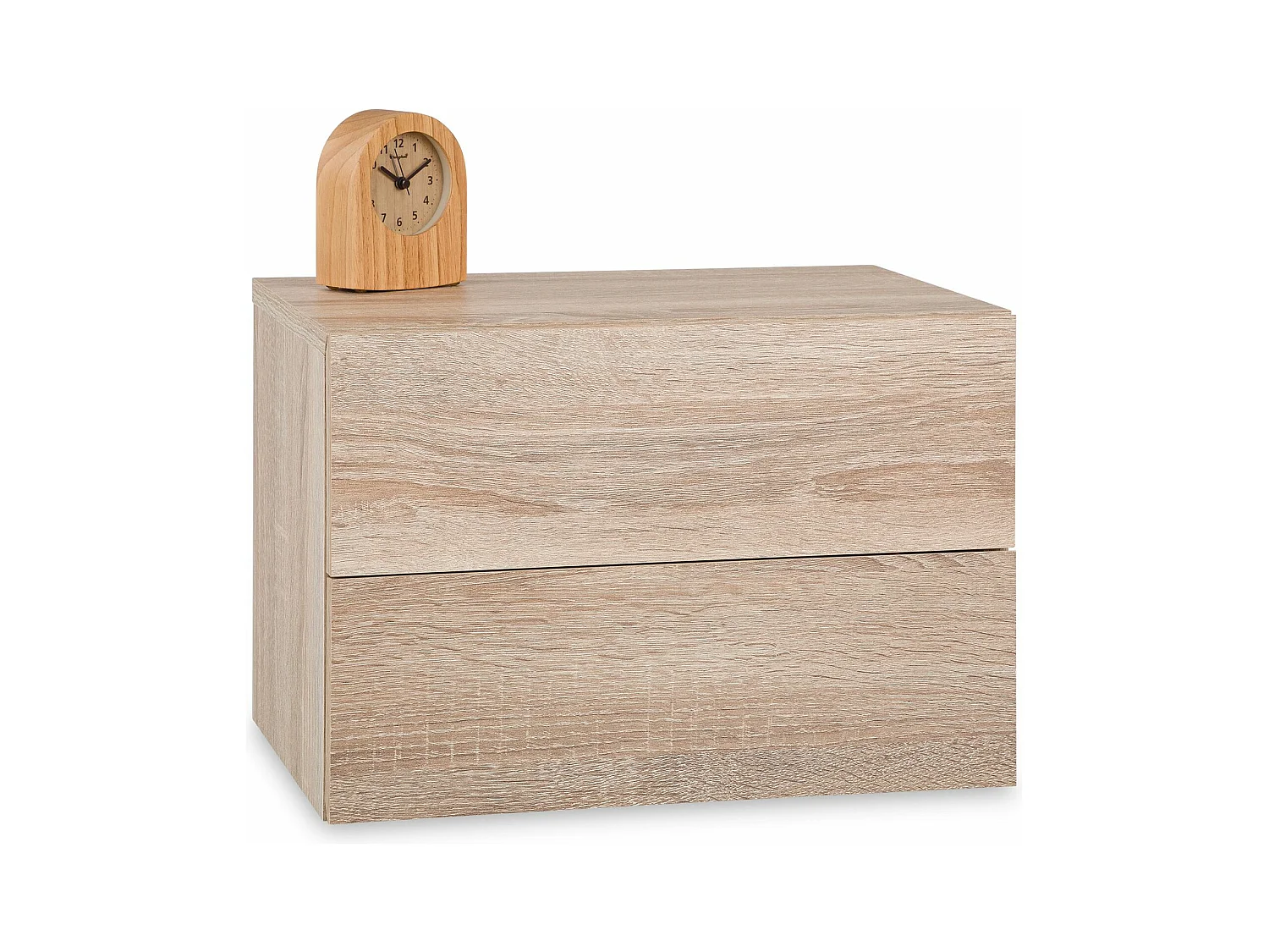 Chevet suspendu FLORENT, étagère murale avec 2 tiroirs sans poignée, en mélaminé décor chêne sonoma