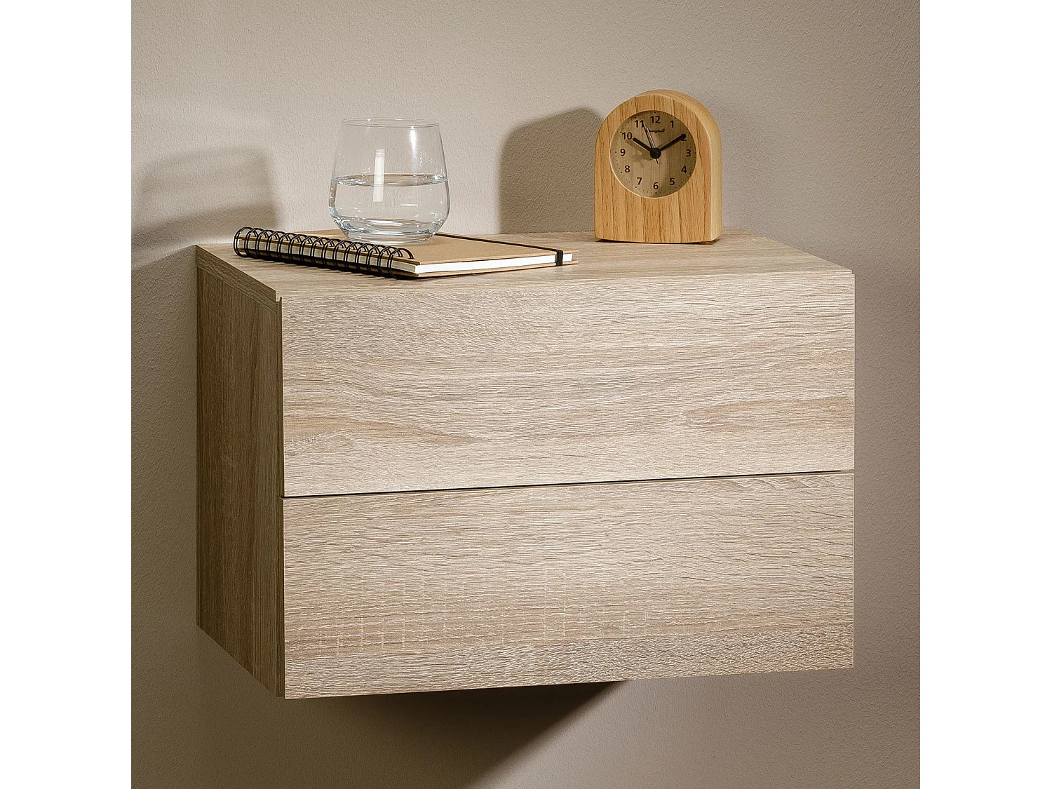 Chevet suspendu FLORENT, étagère murale avec 2 tiroirs sans poignée, en mélaminé décor chêne sonoma