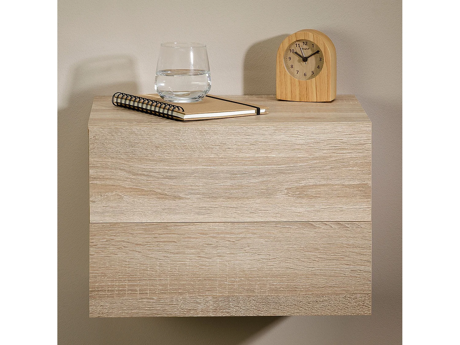 Chevet suspendu FLORENT, étagère murale avec 2 tiroirs sans poignée, en mélaminé décor chêne sonoma