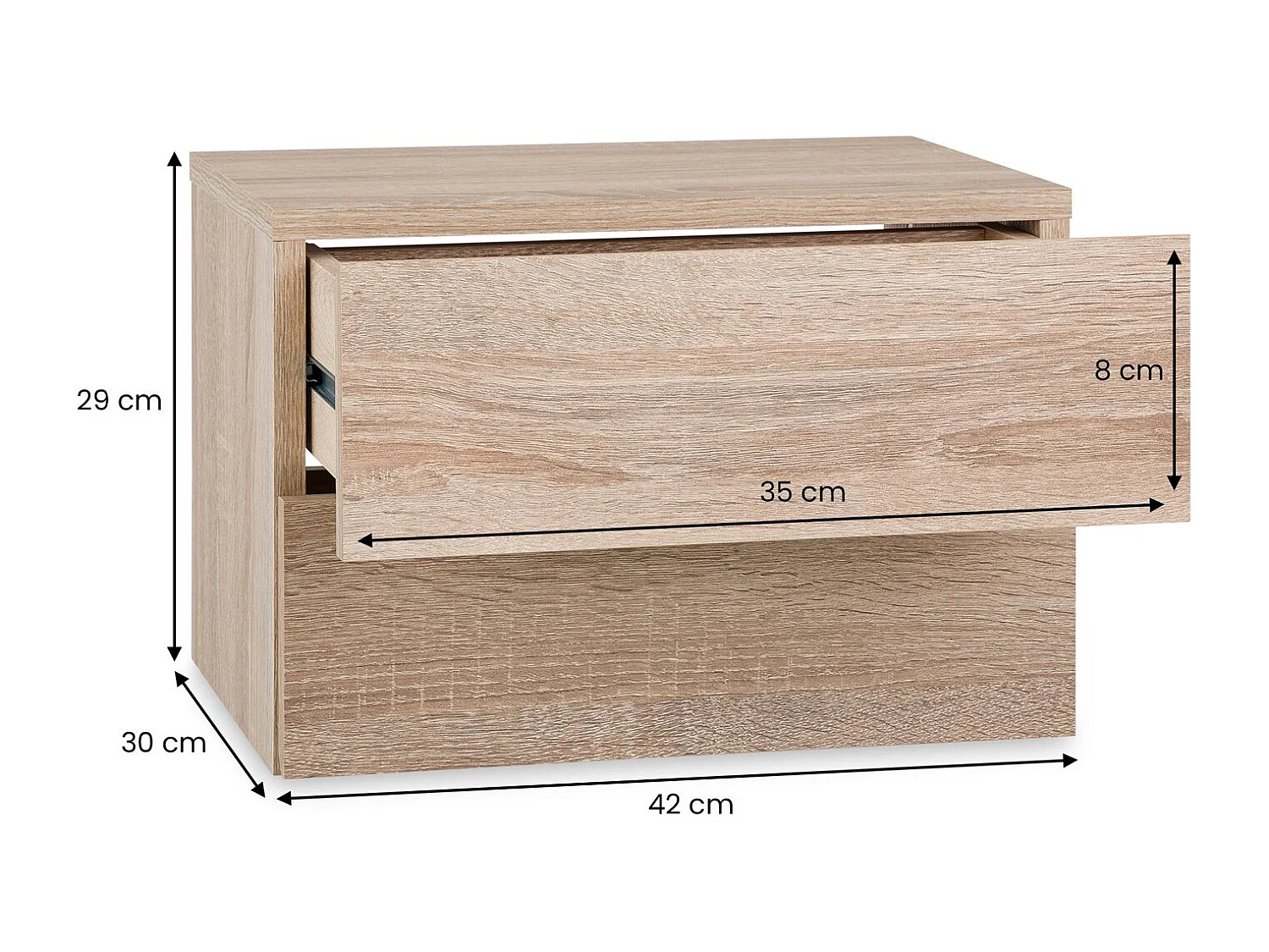 Chevet suspendu FLORENT, étagère murale avec 2 tiroirs sans poignée, en mélaminé décor chêne sonoma