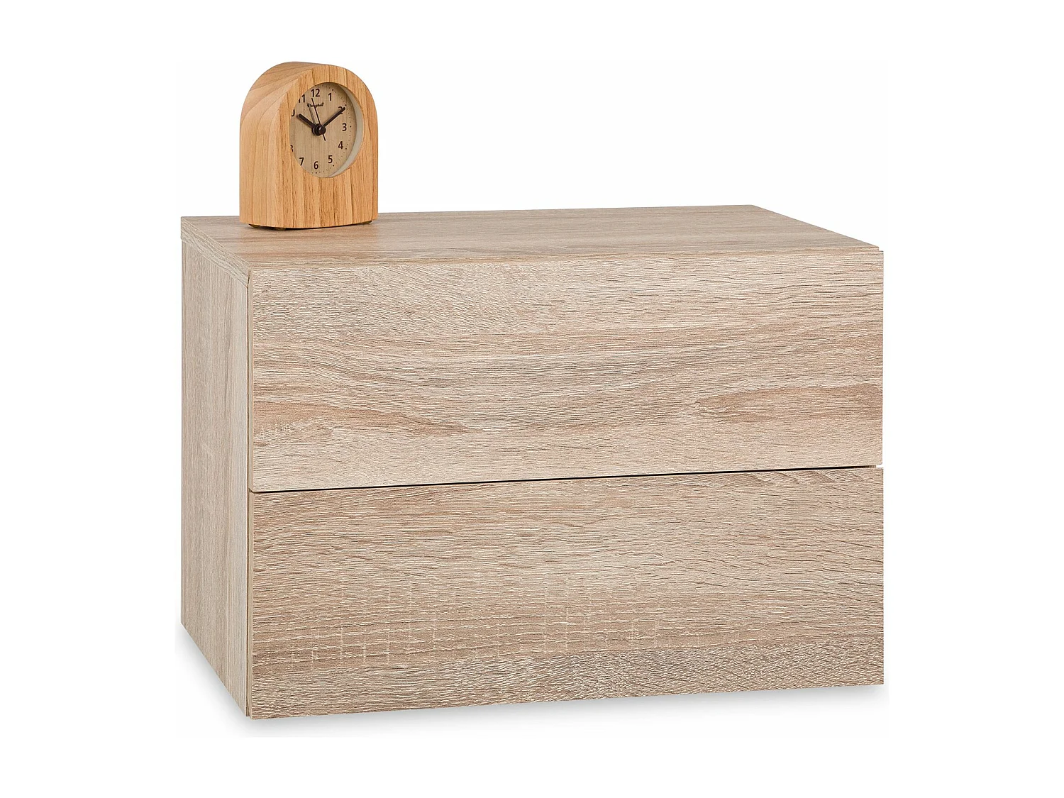 Chevet suspendu FLORENT, étagère murale avec 2 tiroirs sans poignée, en mélaminé décor chêne sonoma