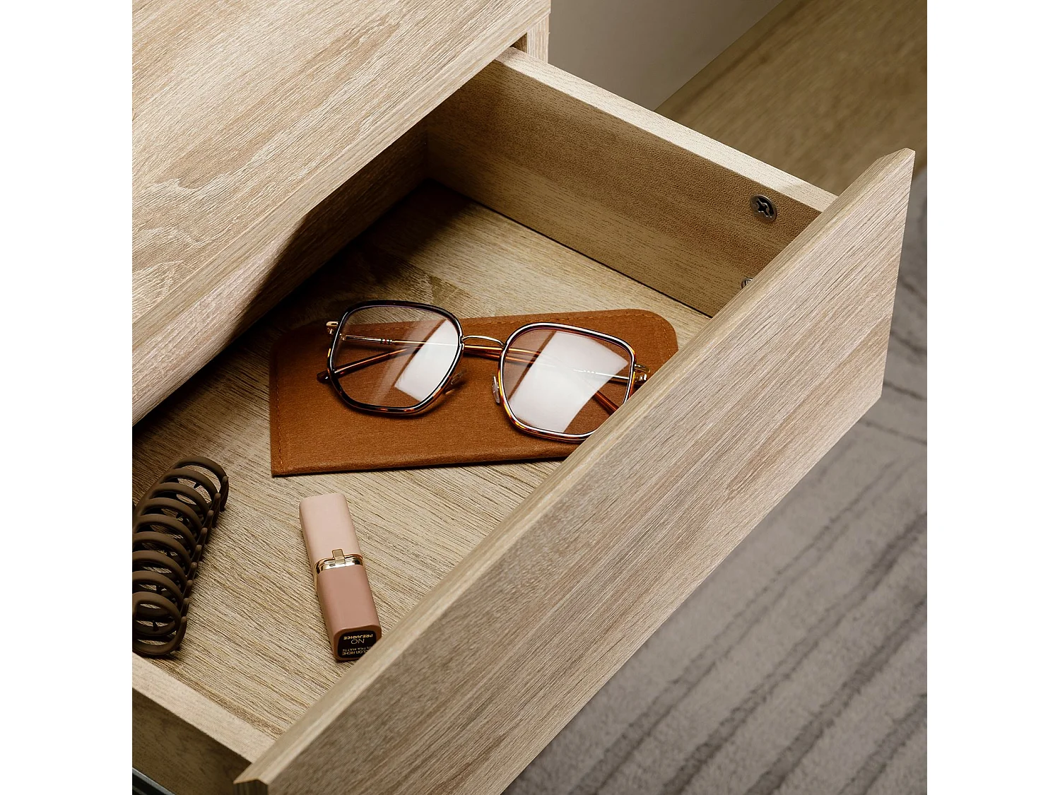 Chevet suspendu FLORENT, étagère murale avec 2 tiroirs sans poignée, en mélaminé décor chêne sonoma