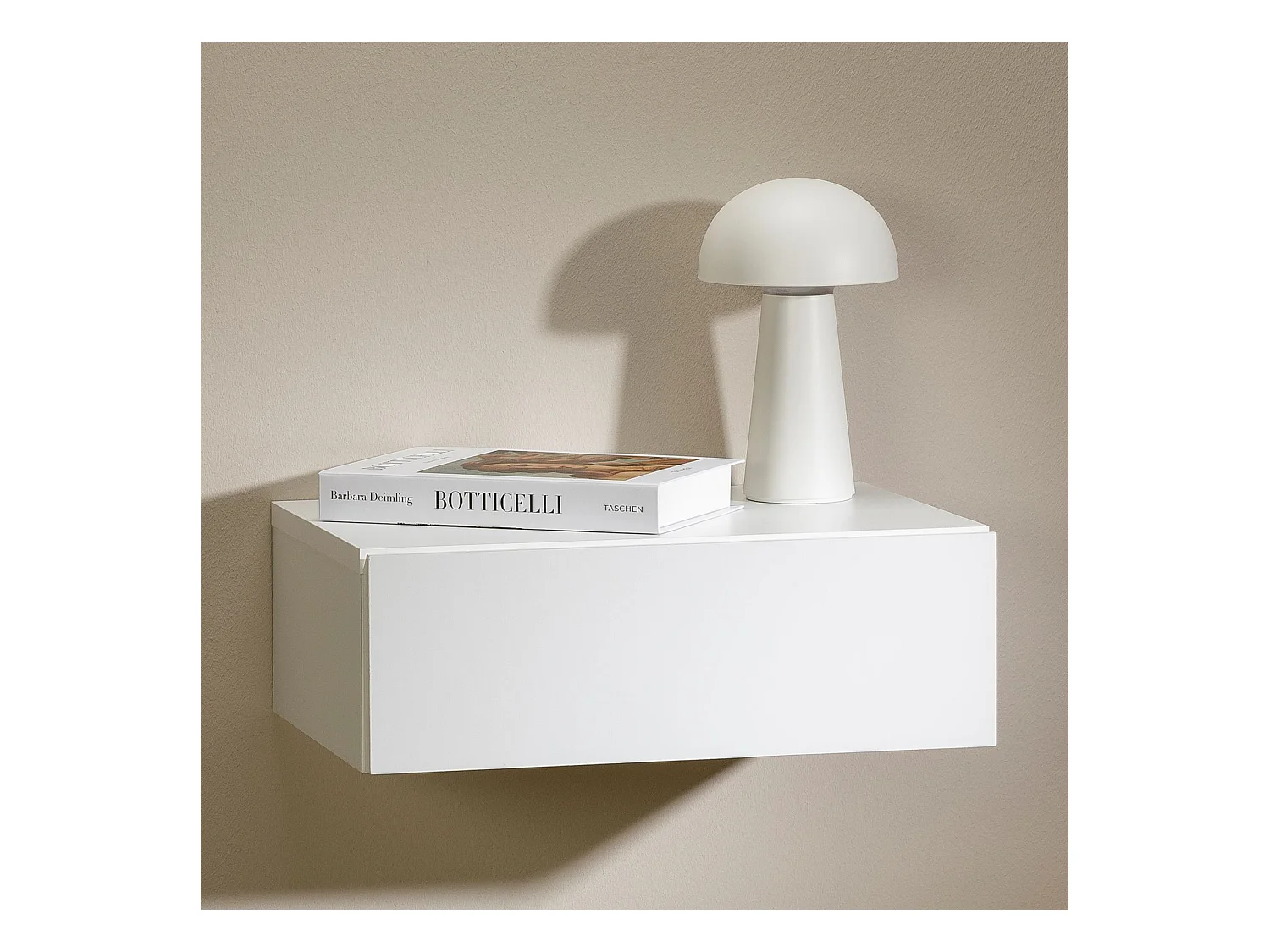 Chevet suspendu OCEANE, étagère murale avec 1 tiroir sans poignée, en bois blanc mat