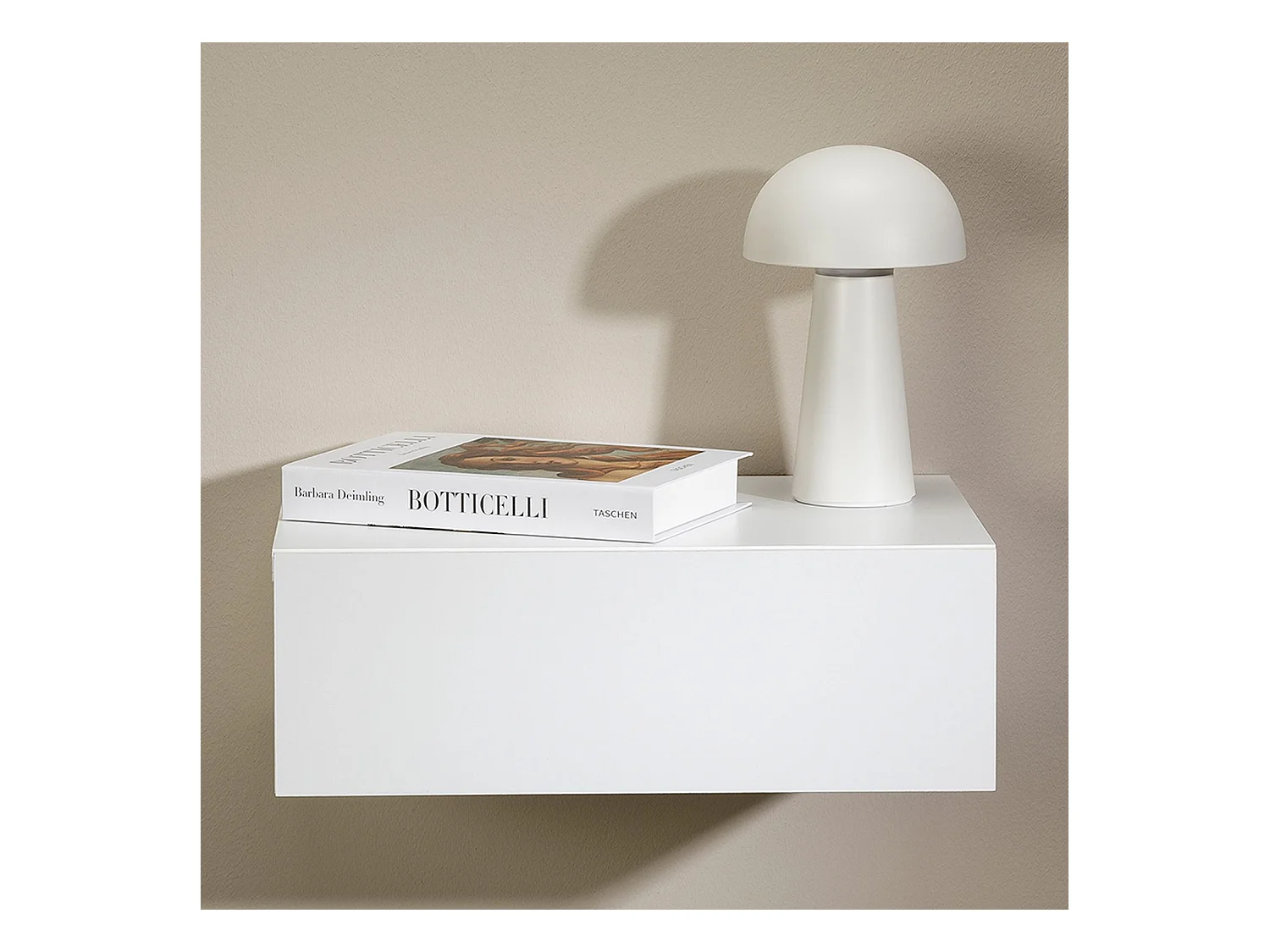 Chevet suspendu OCEANE, étagère murale avec 1 tiroir sans poignée, en bois blanc mat