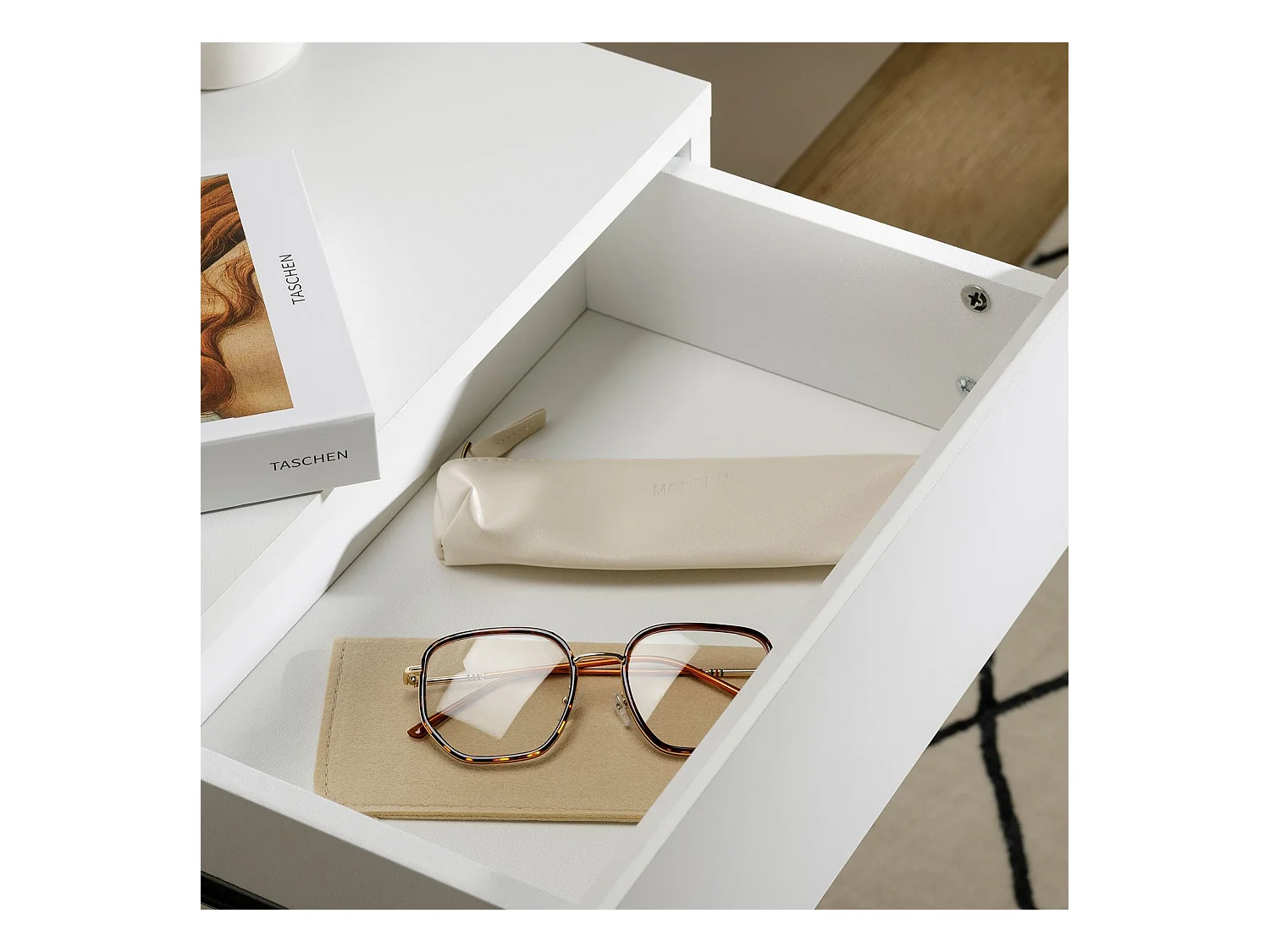 Chevet suspendu OCEANE, étagère murale avec 1 tiroir sans poignée, en bois blanc mat