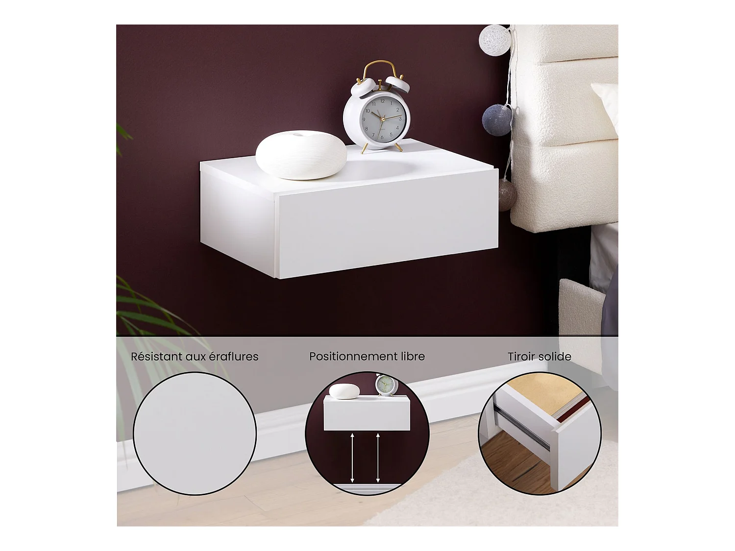 Chevet suspendu OCEANE, étagère murale avec 1 tiroir sans poignée, en bois blanc mat