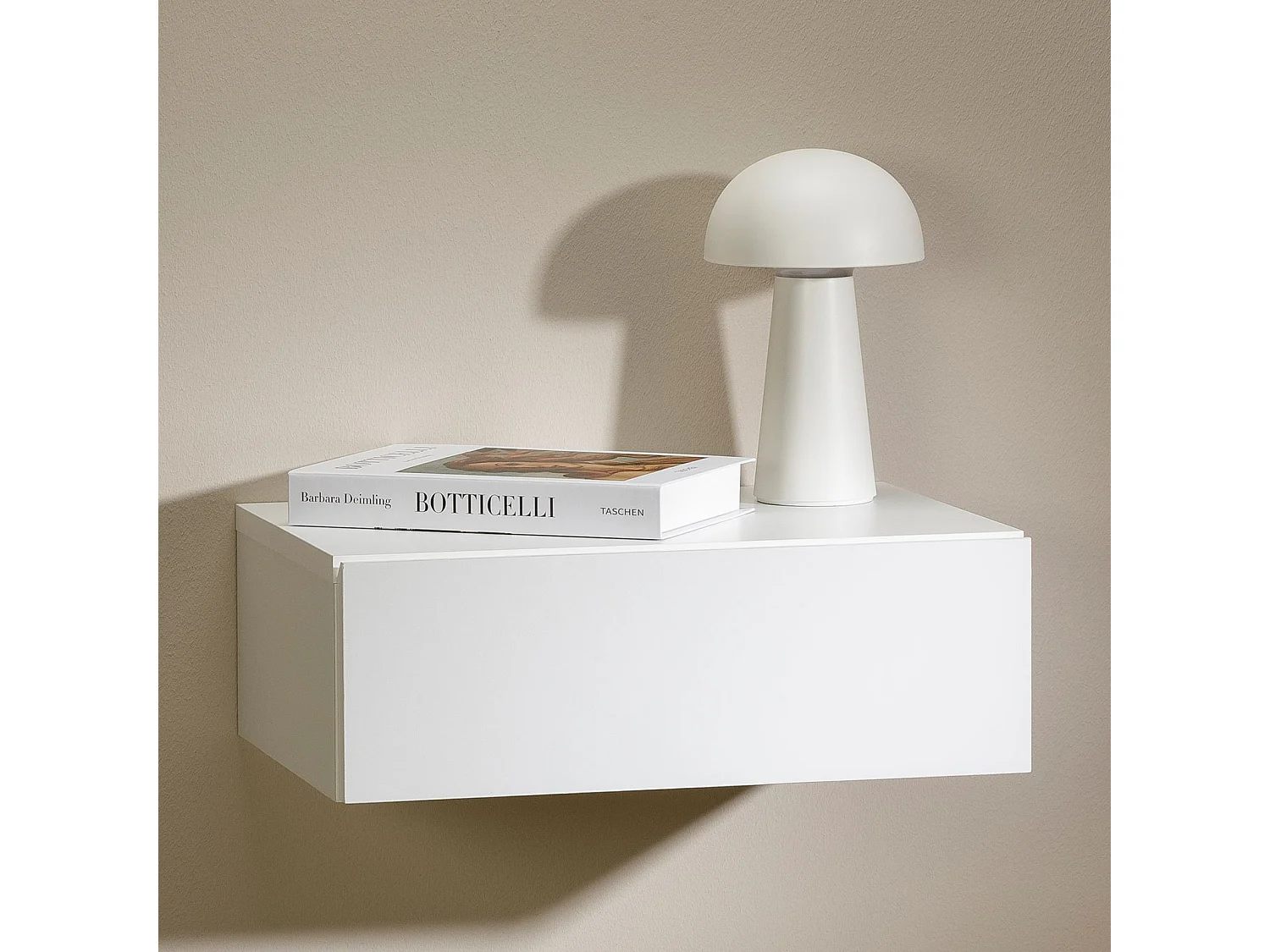 Chevet suspendu OCEANE, étagère murale avec 1 tiroir sans poignée, en bois blanc mat