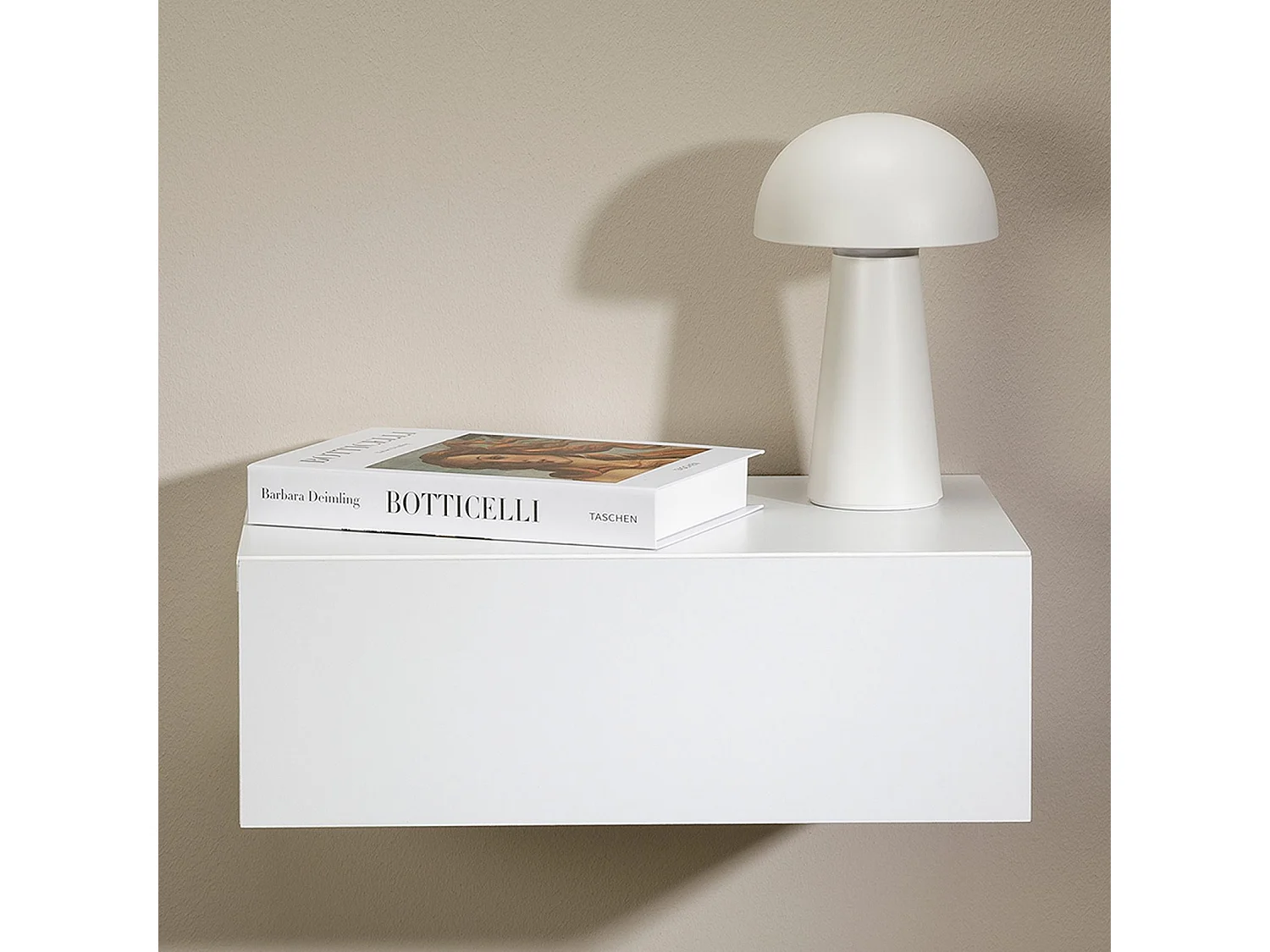 Chevet suspendu OCEANE, étagère murale avec 1 tiroir sans poignée, en bois blanc mat