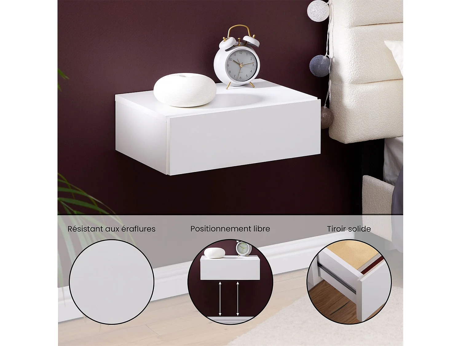 Chevet suspendu OCEANE, étagère murale avec 1 tiroir sans poignée, en bois blanc mat