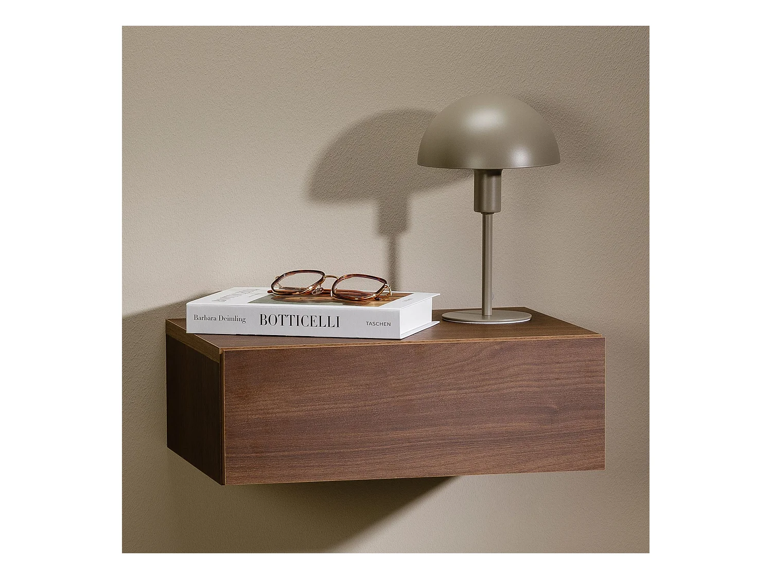 Chevet suspendu OCEANE, étagère murale avec 1 tiroir sans poignée, en bois couleur noyer