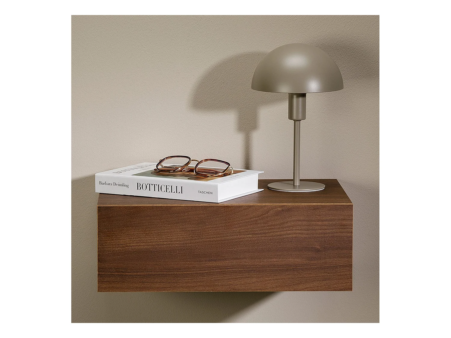 Chevet suspendu OCEANE, étagère murale avec 1 tiroir sans poignée, en bois couleur noyer