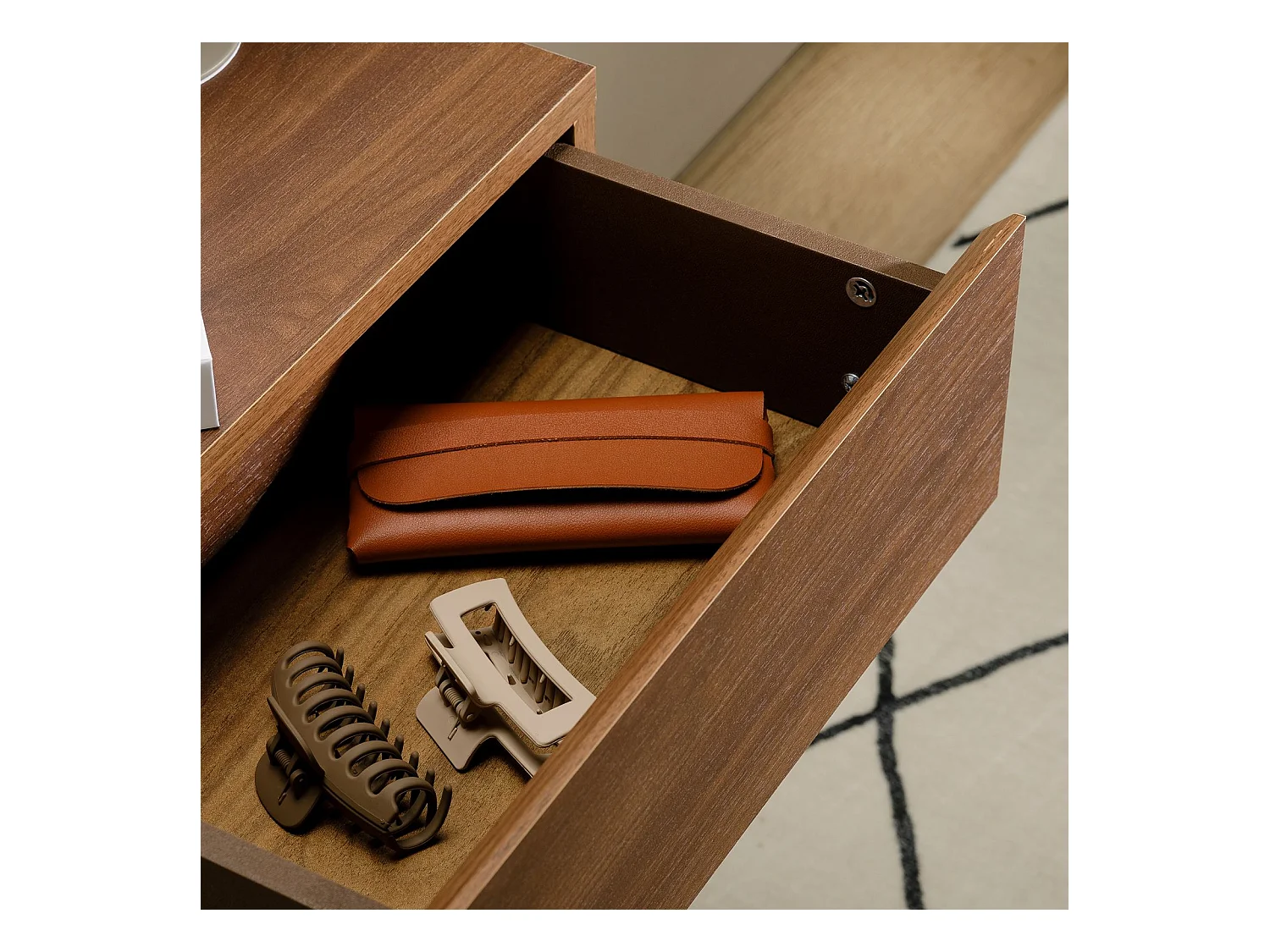 Chevet suspendu OCEANE, étagère murale avec 1 tiroir sans poignée, en bois couleur noyer