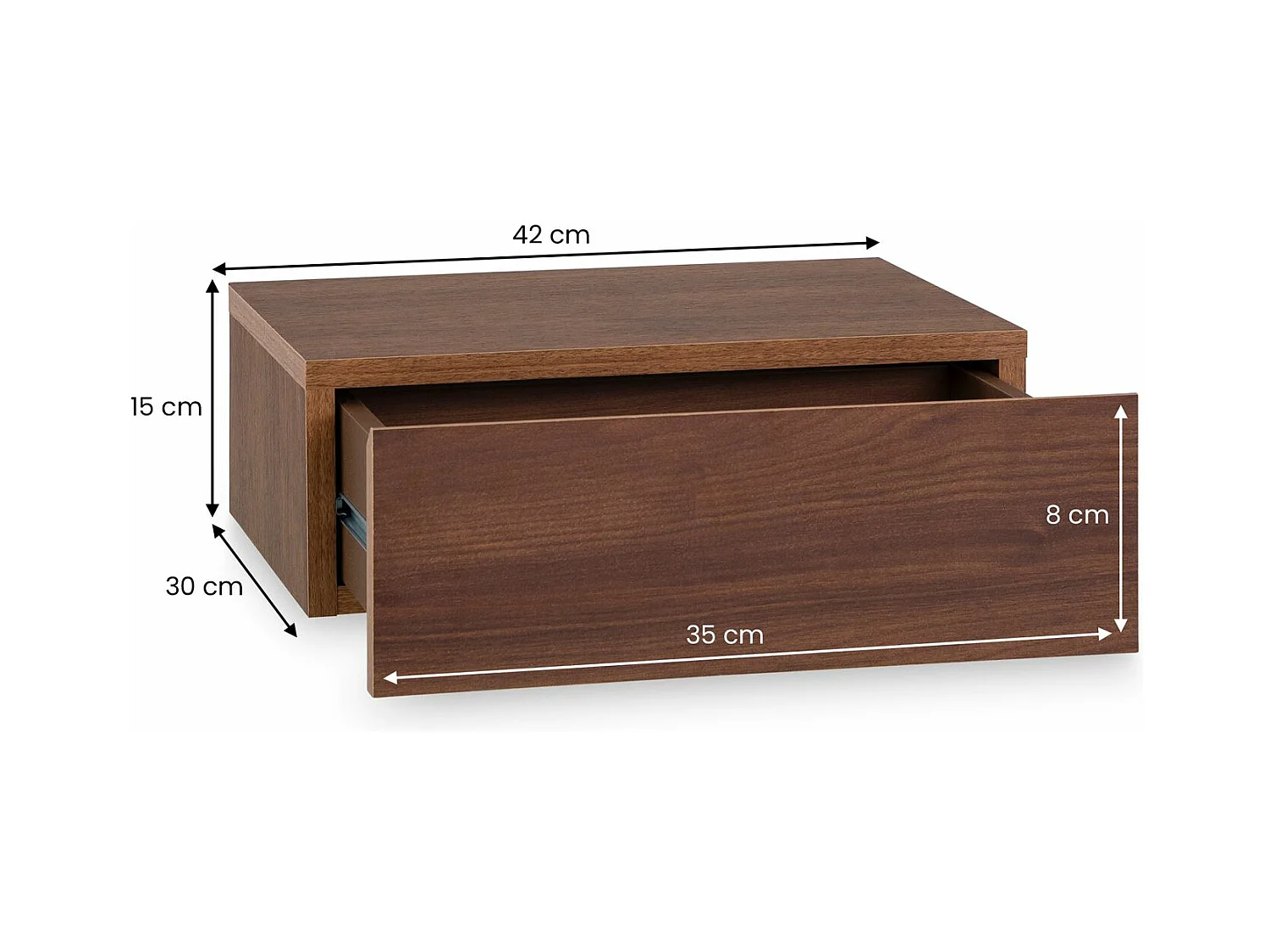 Chevet suspendu OCEANE, étagère murale avec 1 tiroir sans poignée, en bois couleur noyer