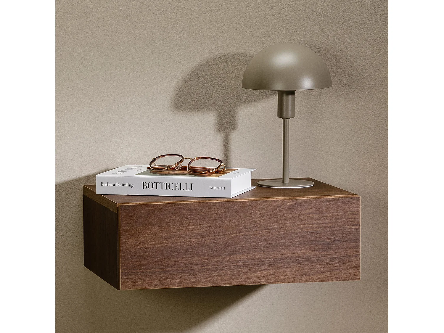 Chevet suspendu OCEANE, étagère murale avec 1 tiroir sans poignée, en bois couleur noyer