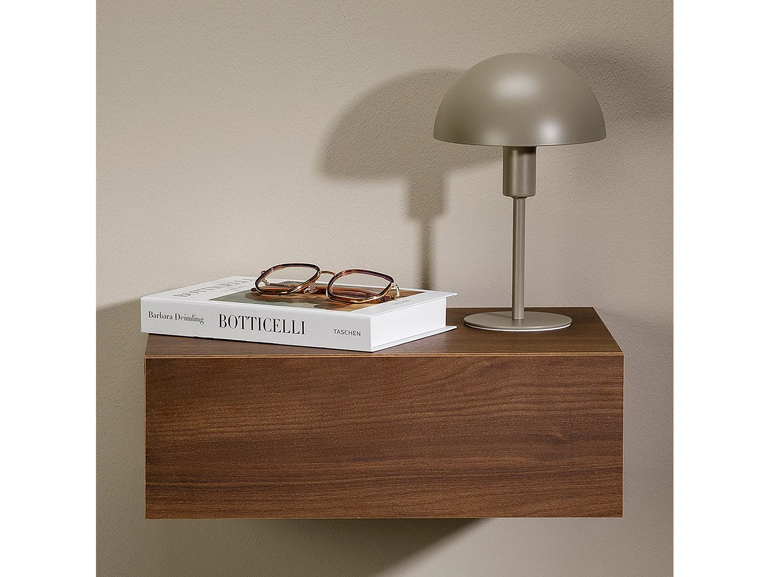 Chevet suspendu OCEANE, étagère murale avec 1 tiroir sans poignée, en bois couleur noyer