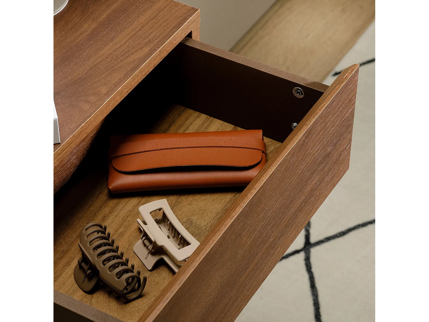 Chevet suspendu OCEANE, étagère murale avec 1 tiroir sans poignée, en bois couleur noyer