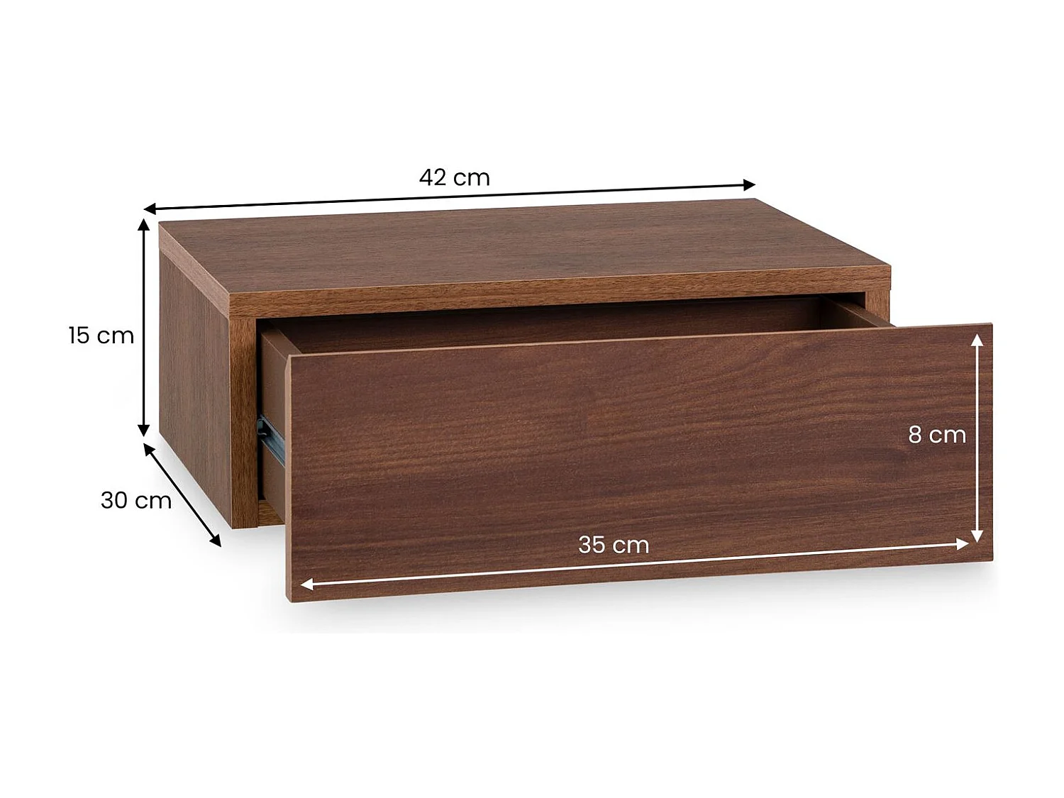 Chevet suspendu OCEANE, étagère murale avec 1 tiroir sans poignée, en bois couleur noyer