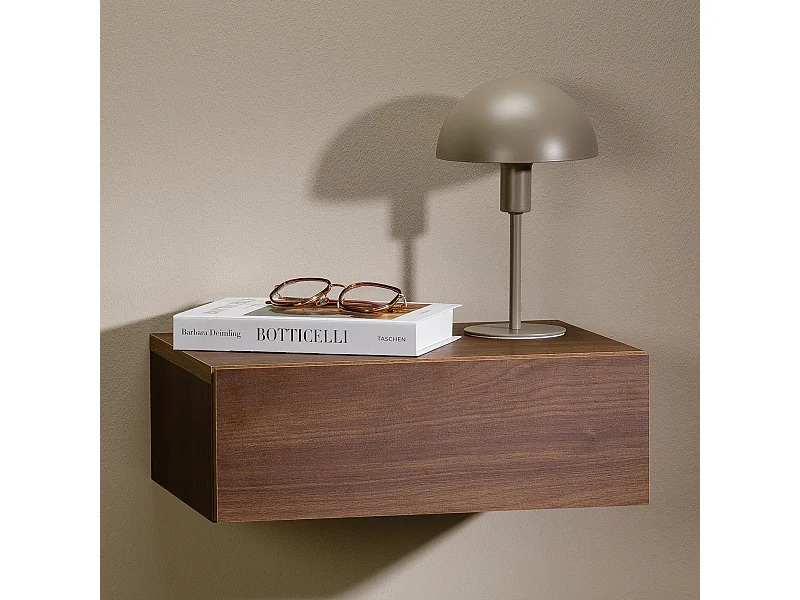 Chevet suspendu OCEANE, étagère murale avec 1 tiroir sans poignée, en bois couleur noyer