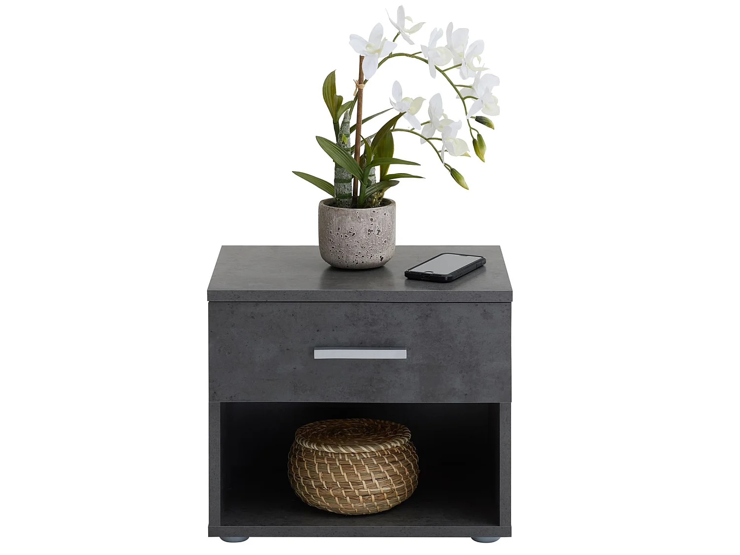Table de chevet MAEL, table de nuit casier avec 1 tiroir et 1 niche, en mélaminé décor béton foncé