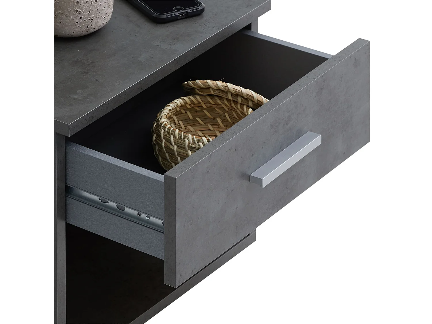 Table de chevet MAEL, table de nuit casier avec 1 tiroir et 1 niche, en mélaminé décor béton foncé