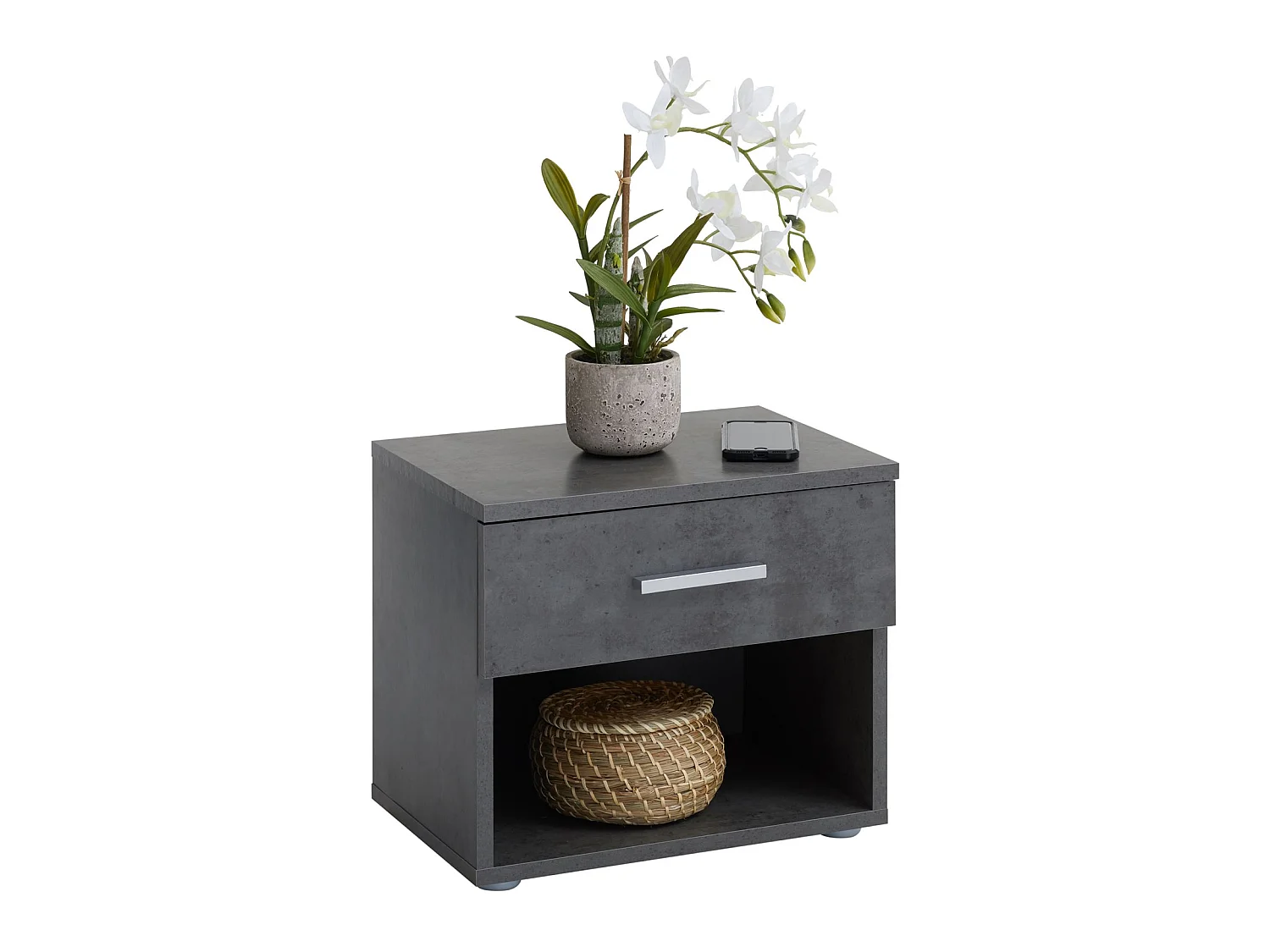 Table de chevet MAEL, table de nuit casier avec 1 tiroir et 1 niche, en mélaminé décor béton foncé