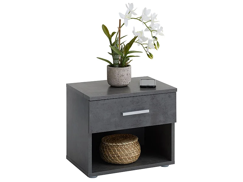 Table de chevet MAEL, table de nuit casier avec 1 tiroir et 1 niche, en mélaminé décor béton foncé