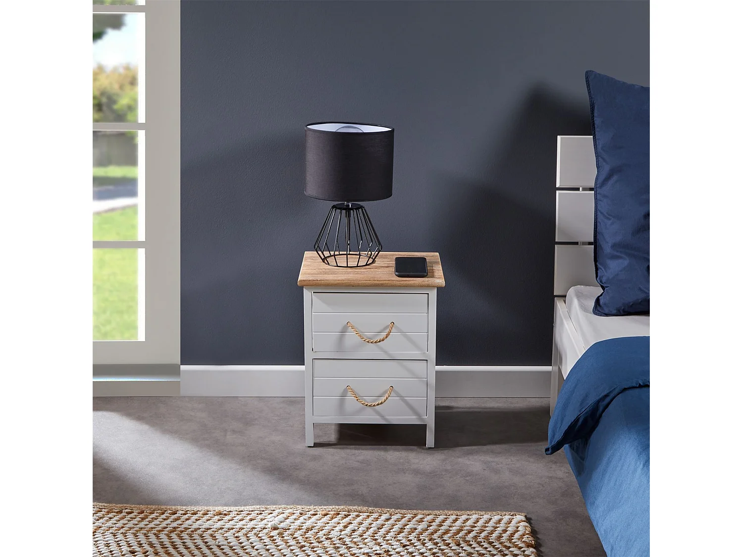 Table de chevet PERUGIA table de nuit 2 tiroirs en bois de paulownia style shabby chic vintage rustique campagnard blanc