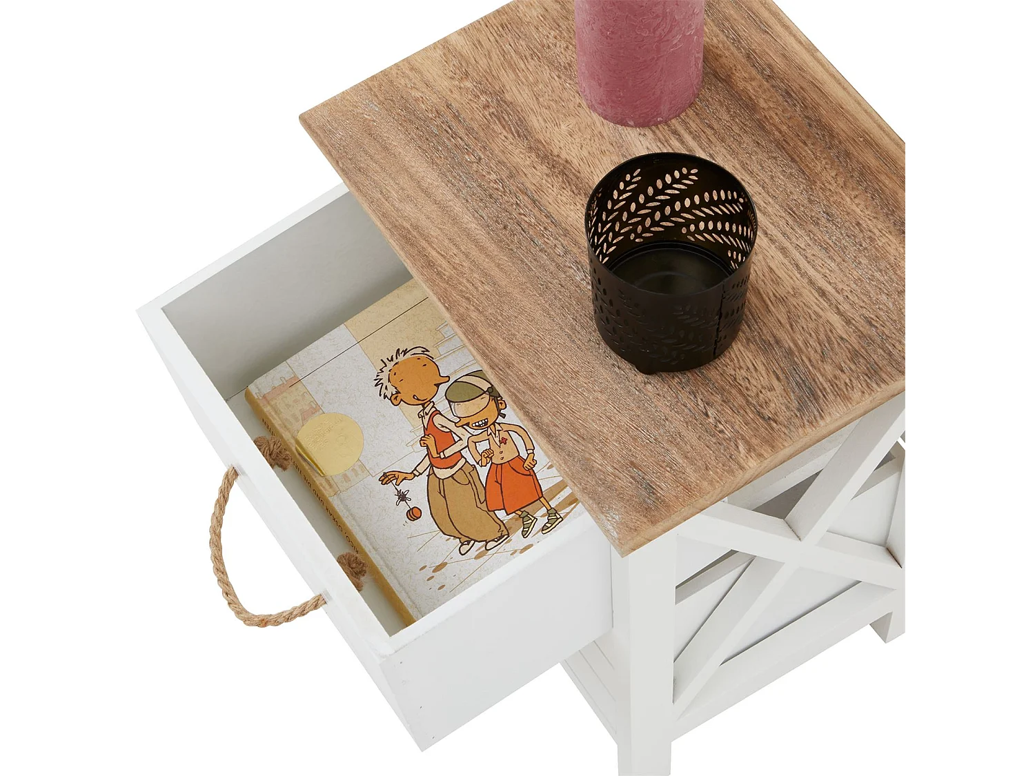 Table de chevet PERUGIA table de nuit 2 tiroirs en bois de paulownia style shabby chic vintage rustique campagnard blanc