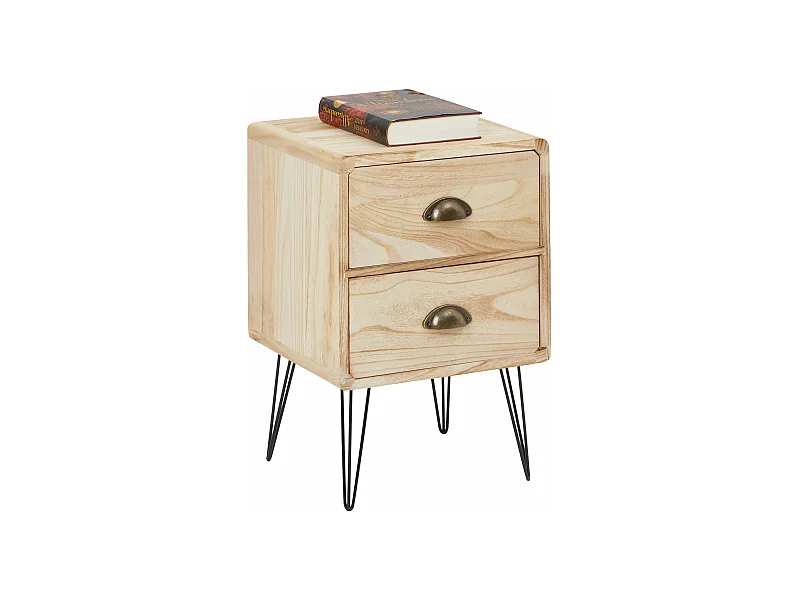 Table de chevet MALIA table de nuit avec 2 tiroirs, en bois de paulownia style vintage industriel finition bois brulé pieds en métal