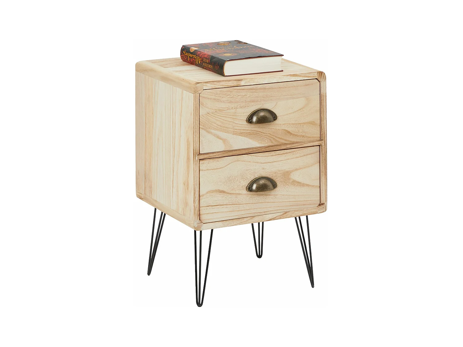 Table de chevet MALIA table de nuit avec 2 tiroirs, en bois de paulownia style vintage industriel finition bois brulé pieds en métal