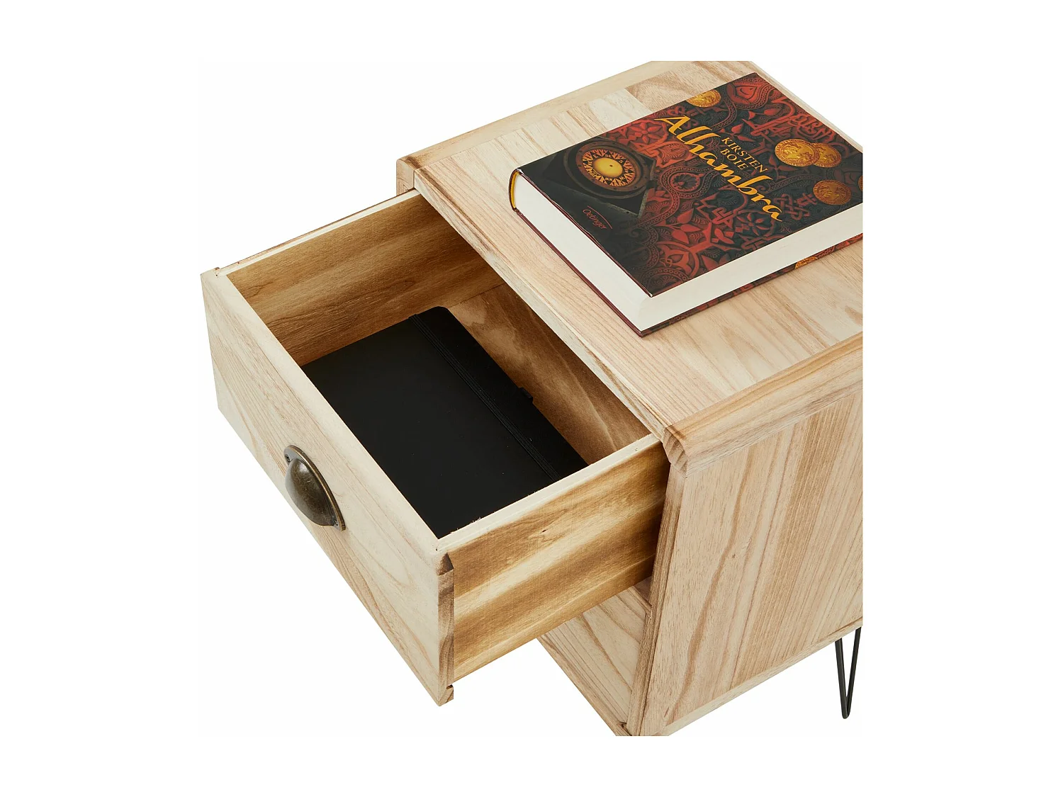 Table de chevet MALIA table de nuit avec 2 tiroirs, en bois de paulownia style vintage industriel finition bois brulé pieds en métal