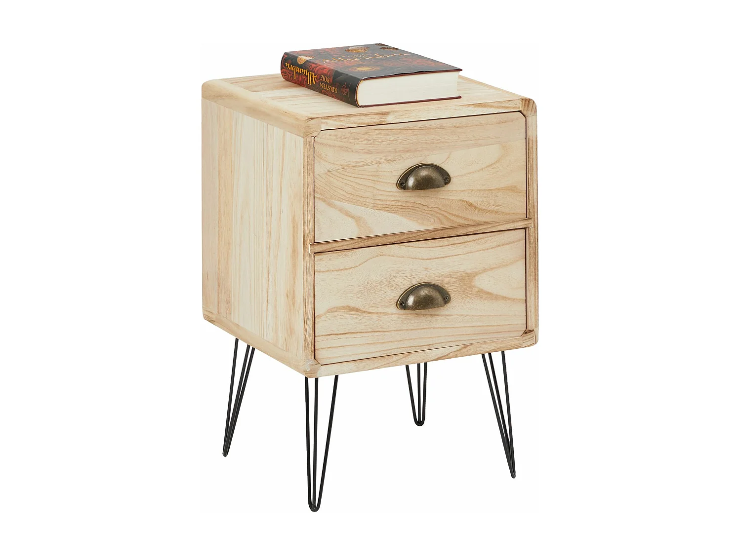 Table de chevet MALIA table de nuit avec 2 tiroirs, en bois de paulownia style vintage industriel finition bois brulé pieds en métal