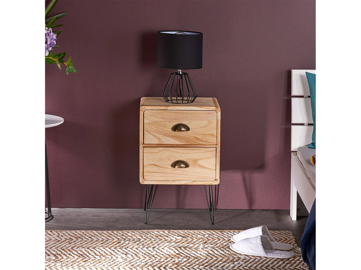 Table de chevet MALIA table de nuit avec 2 tiroirs, en bois de paulownia style vintage industriel finition bois brulé pieds en métal