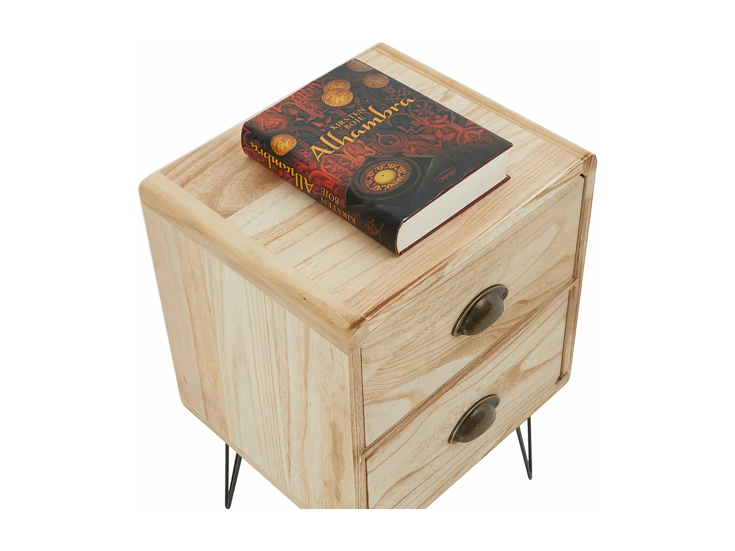 Table de chevet MALIA table de nuit avec 2 tiroirs, en bois de paulownia style vintage industriel finition bois brulé pieds en métal