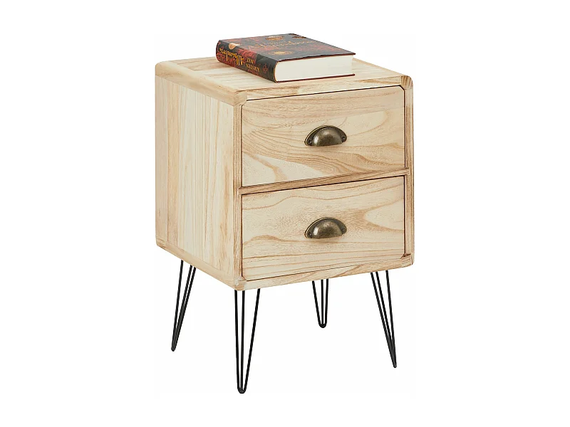 Table de chevet MALIA table de nuit avec 2 tiroirs, en bois de paulownia style vintage industriel finition bois brulé pieds en métal