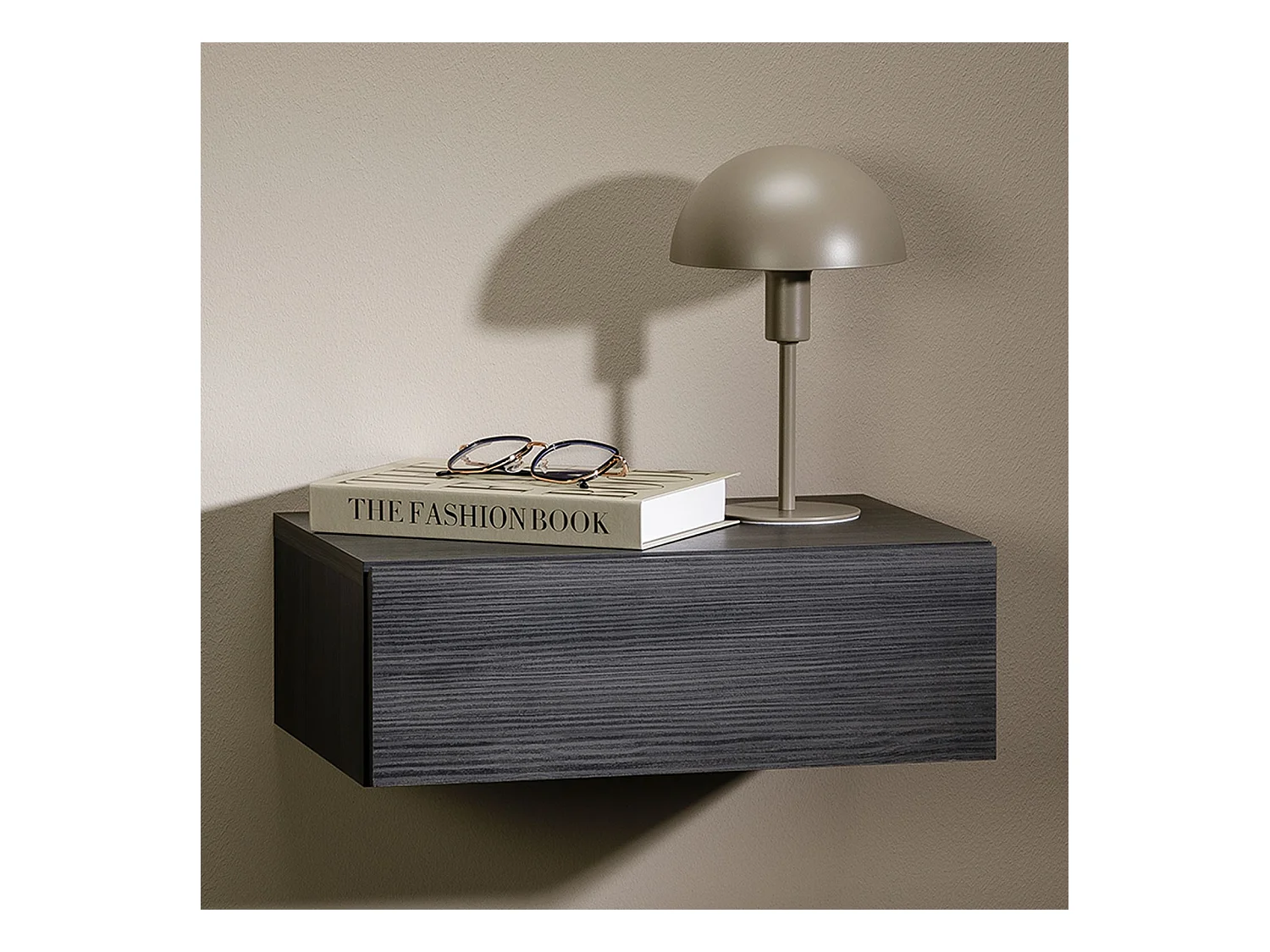 Chevet suspendu OCEANE, étagère murale avec 1 tiroir sans poignée, en bois décor gris cendré