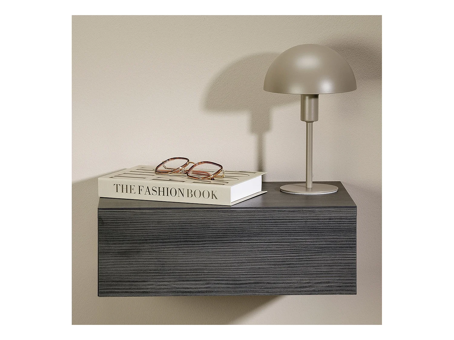 Chevet suspendu OCEANE, étagère murale avec 1 tiroir sans poignée, en bois décor gris cendré