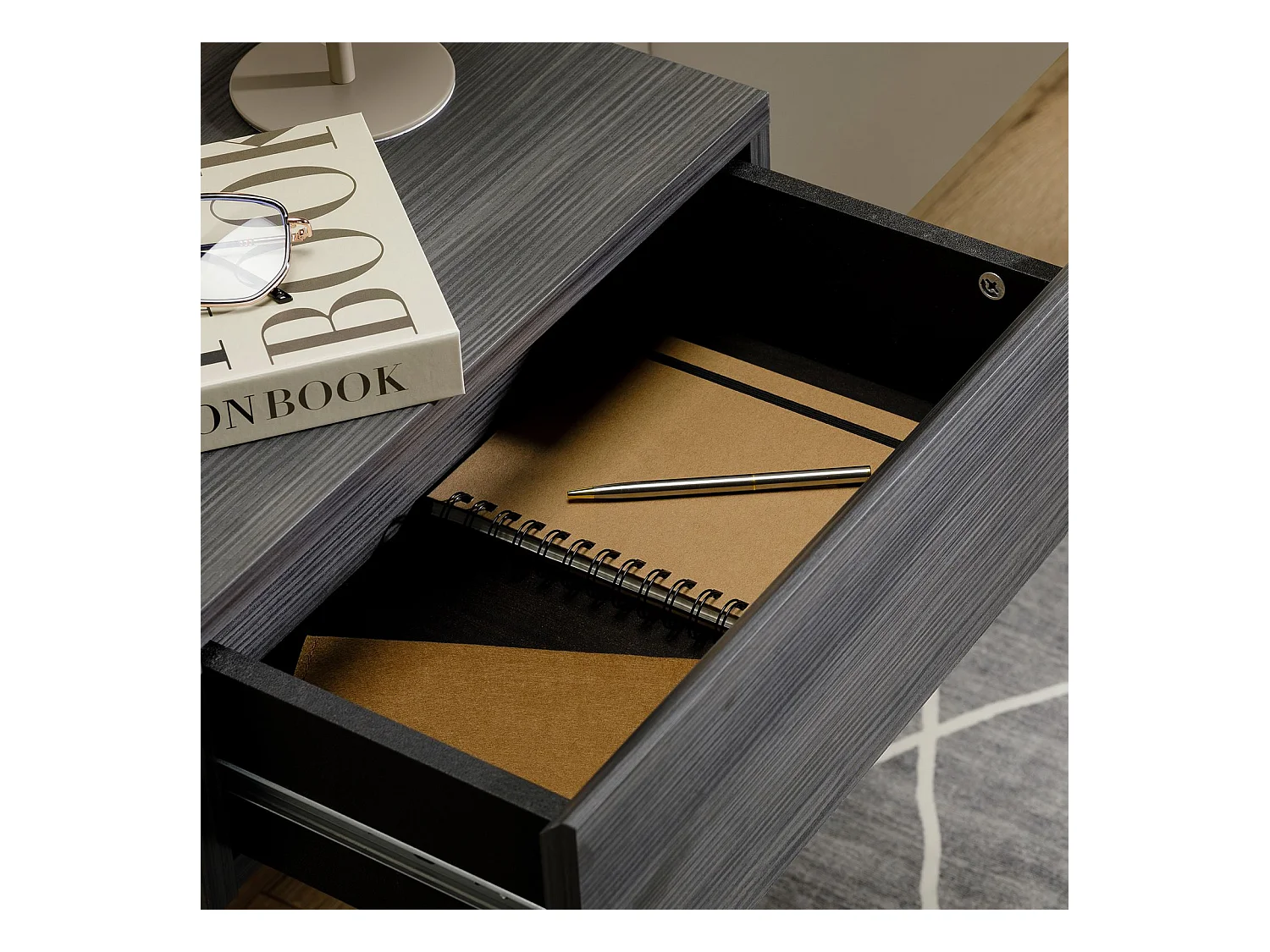 Chevet suspendu OCEANE, étagère murale avec 1 tiroir sans poignée, en bois décor gris cendré