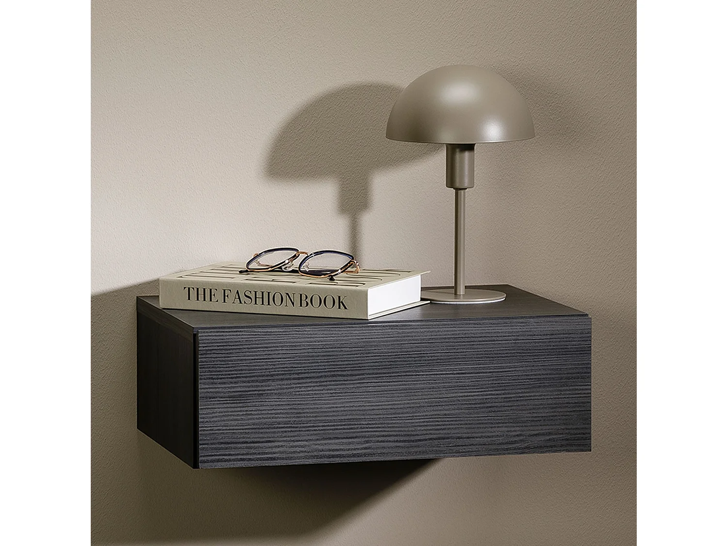 Chevet suspendu OCEANE, étagère murale avec 1 tiroir sans poignée, en bois décor gris cendré