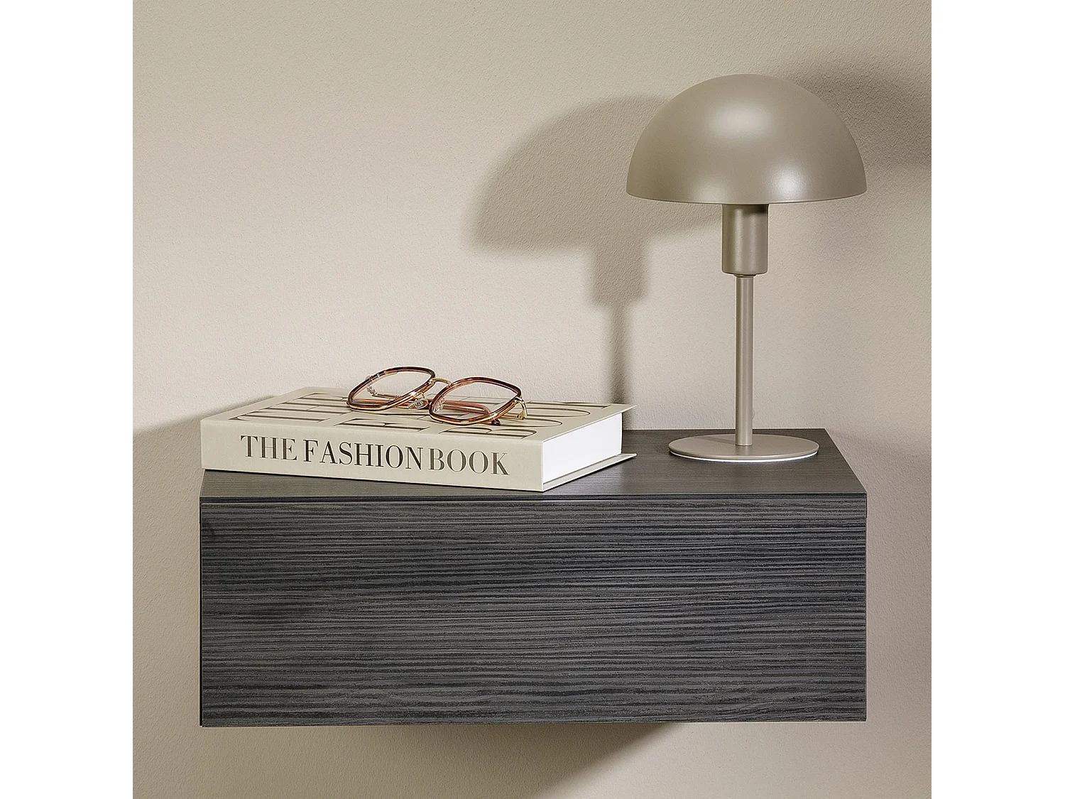 Chevet suspendu OCEANE, étagère murale avec 1 tiroir sans poignée, en bois décor gris cendré