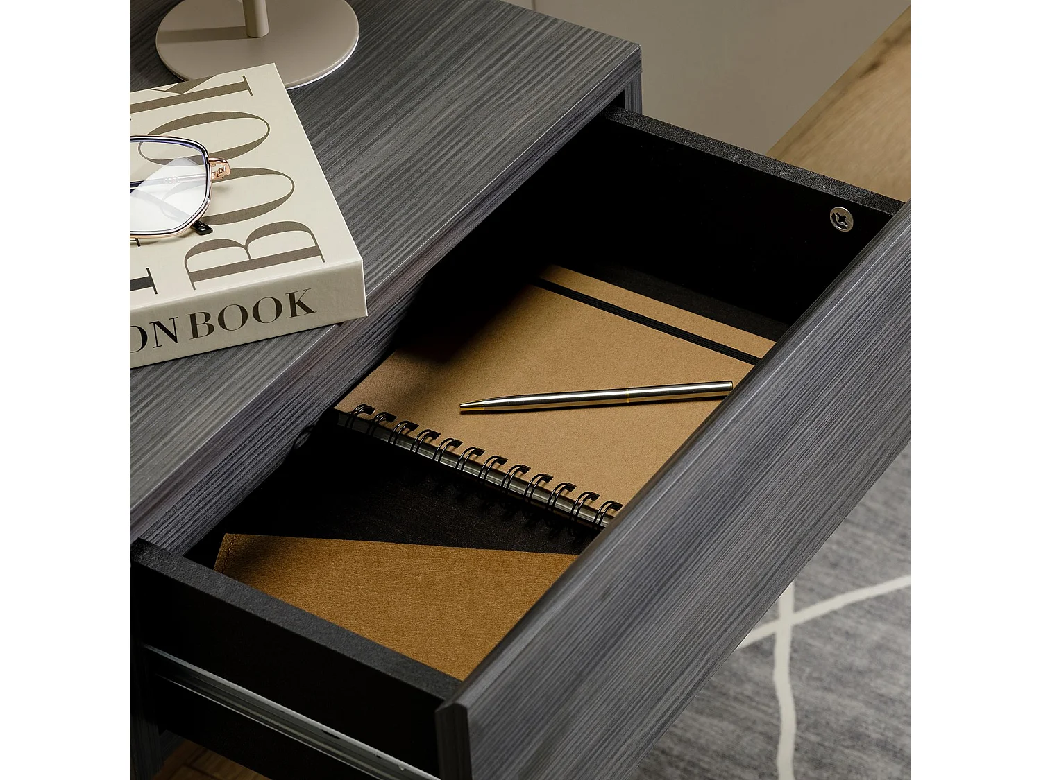 Chevet suspendu OCEANE, étagère murale avec 1 tiroir sans poignée, en bois décor gris cendré