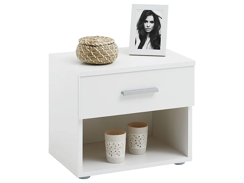 Table de chevet MAEL, table de nuit casier avec 1 tiroir et 1 niche, en mélaminé blanc mat et blanc brillant
