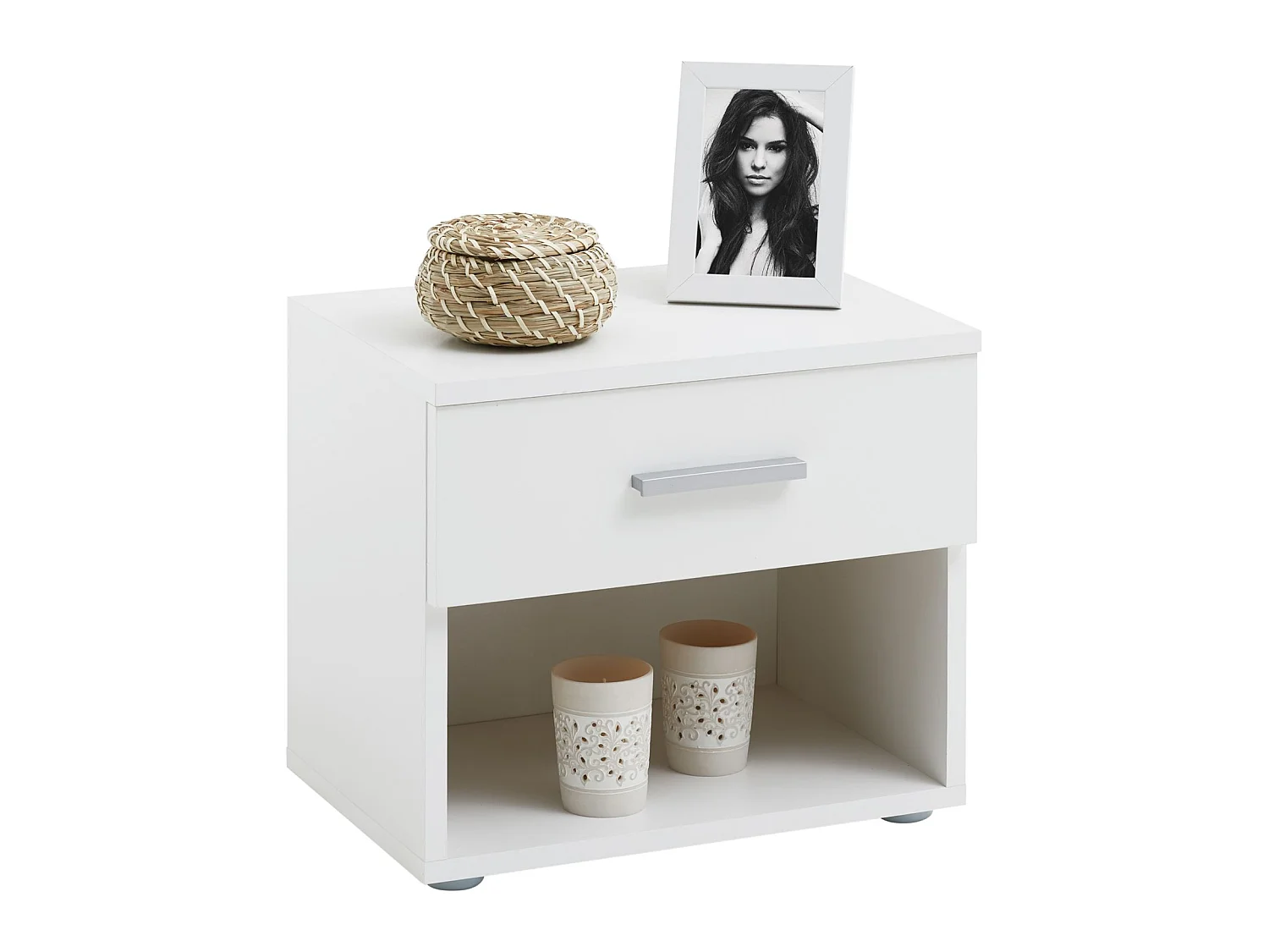 Table de chevet MAEL, table de nuit casier avec 1 tiroir et 1 niche, en mélaminé blanc mat et blanc brillant